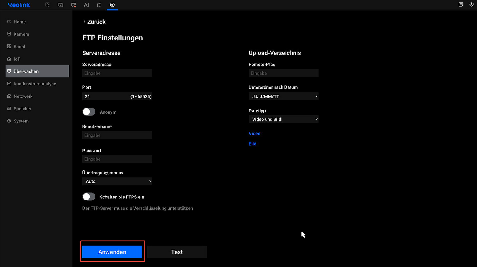 New UI FTP settings page