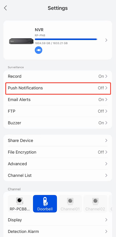 push notification NVR