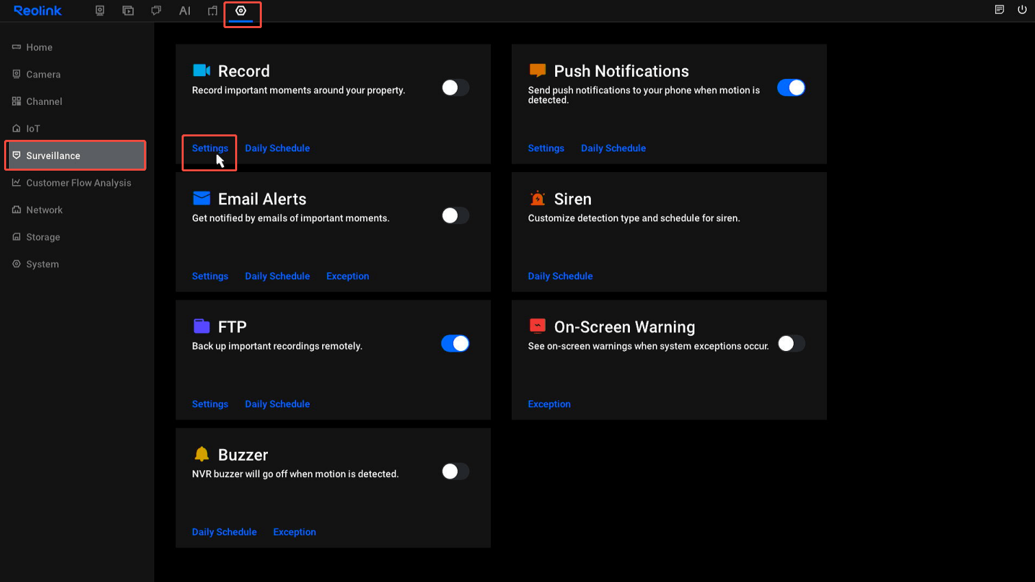 surveillance settings