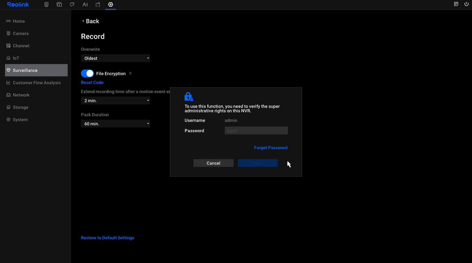 enter password before reset