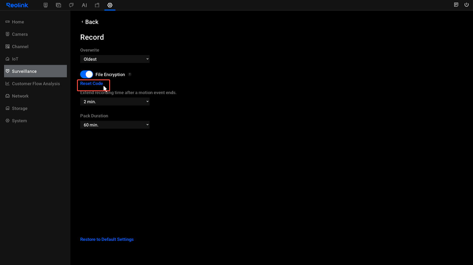 reset code button