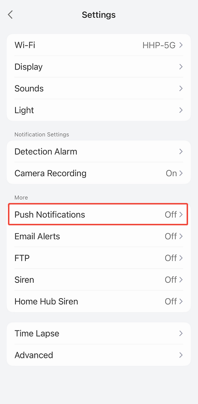 select homehub camera push notifications