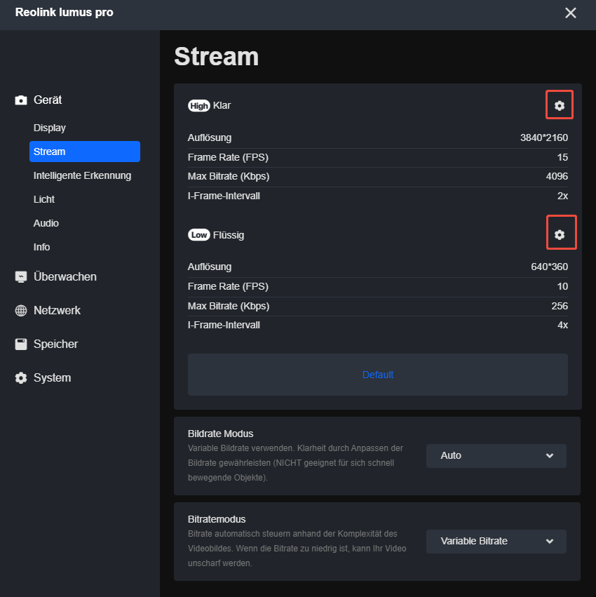 client stream settings