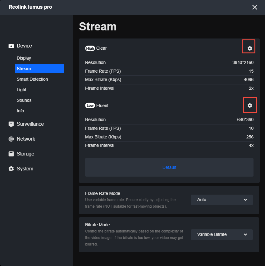 client stream settings