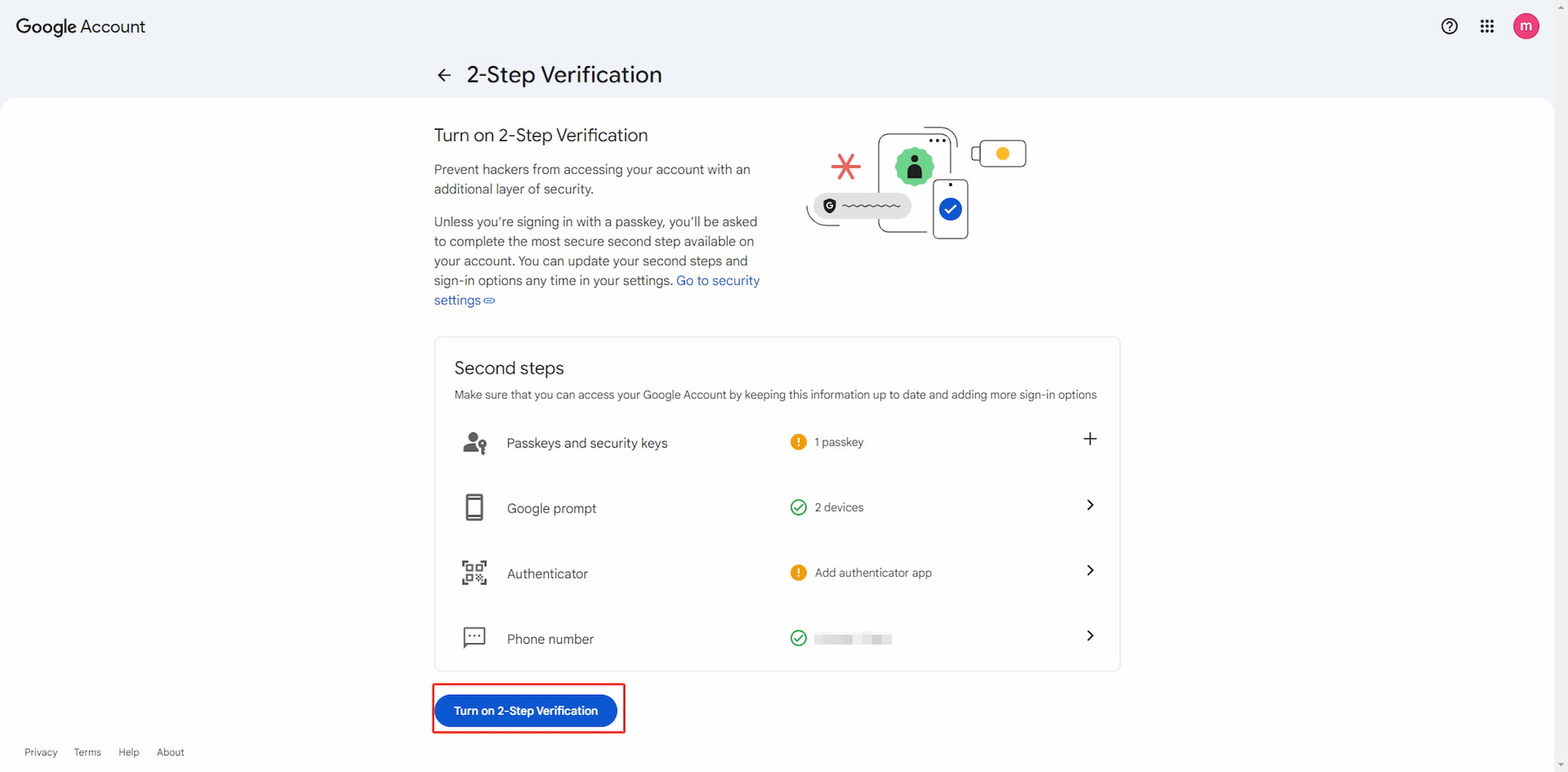 turn on 2-step verification