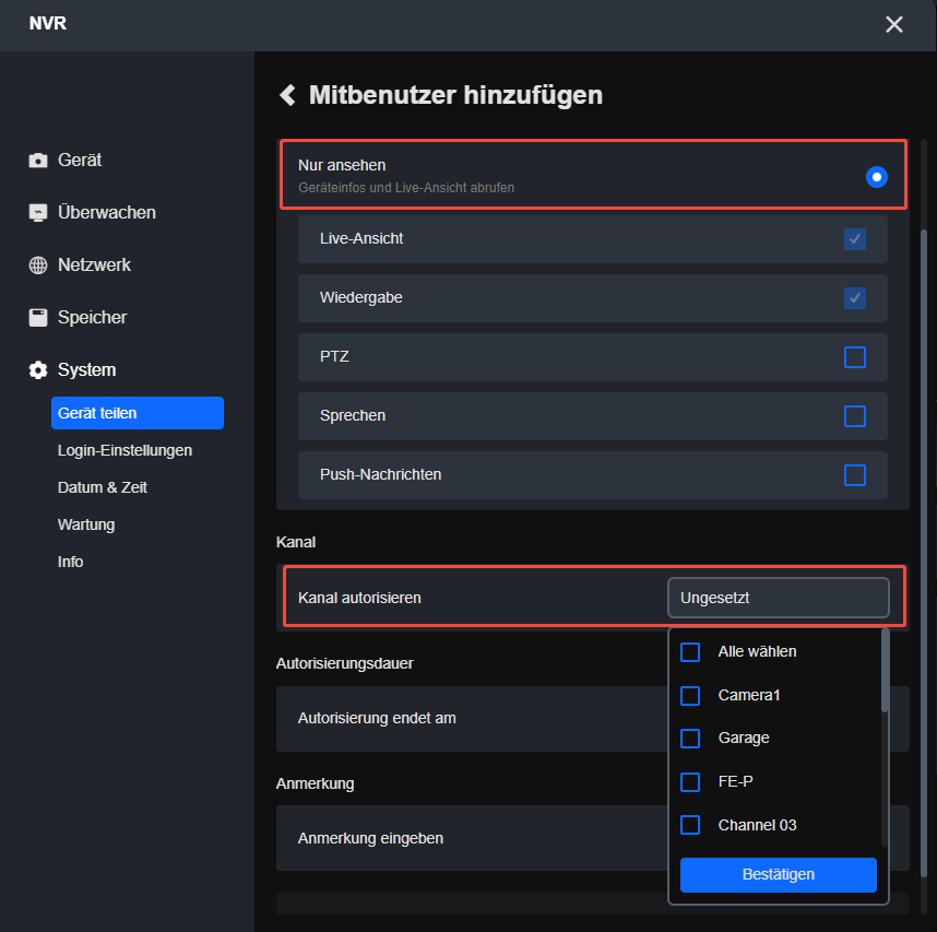 client view only settings nvr