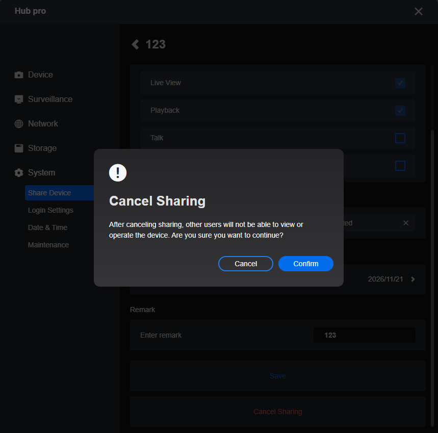 confirm client cancel sharing