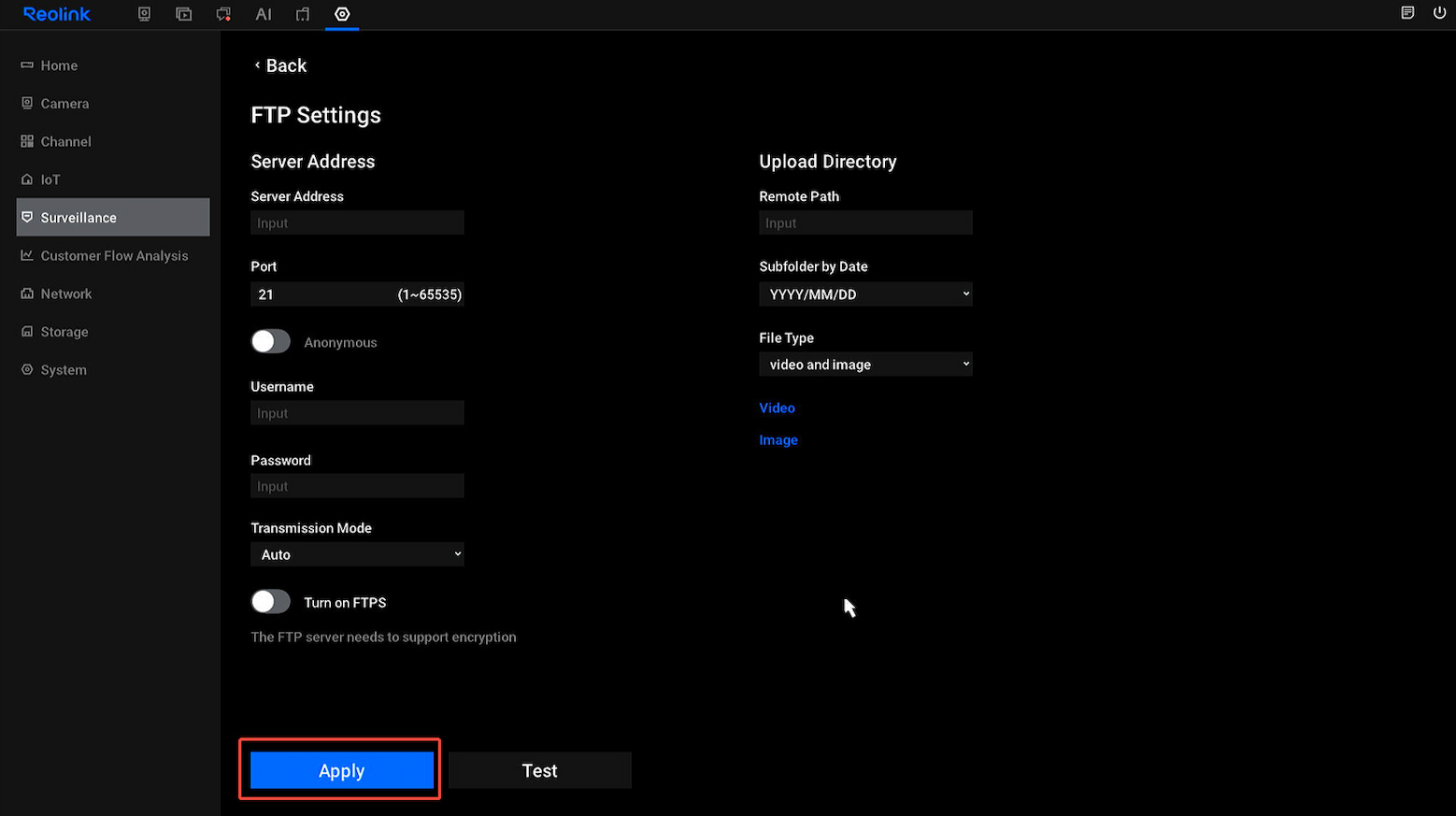 New UI FTP settings apply
