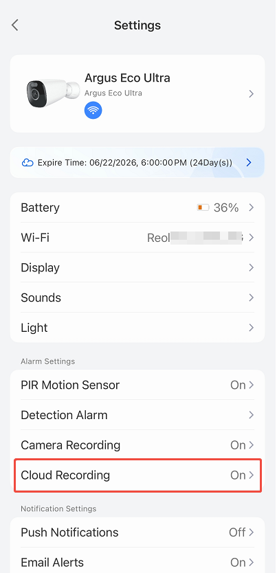 camera's Settings page