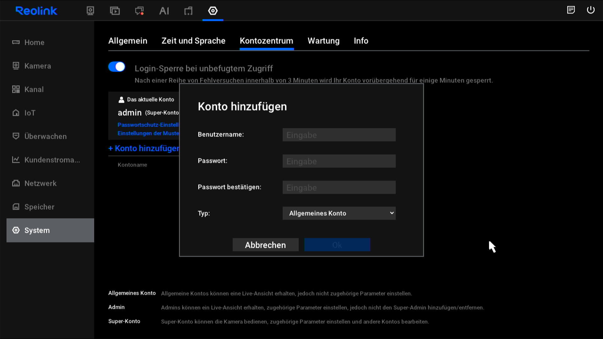 NVR add account password