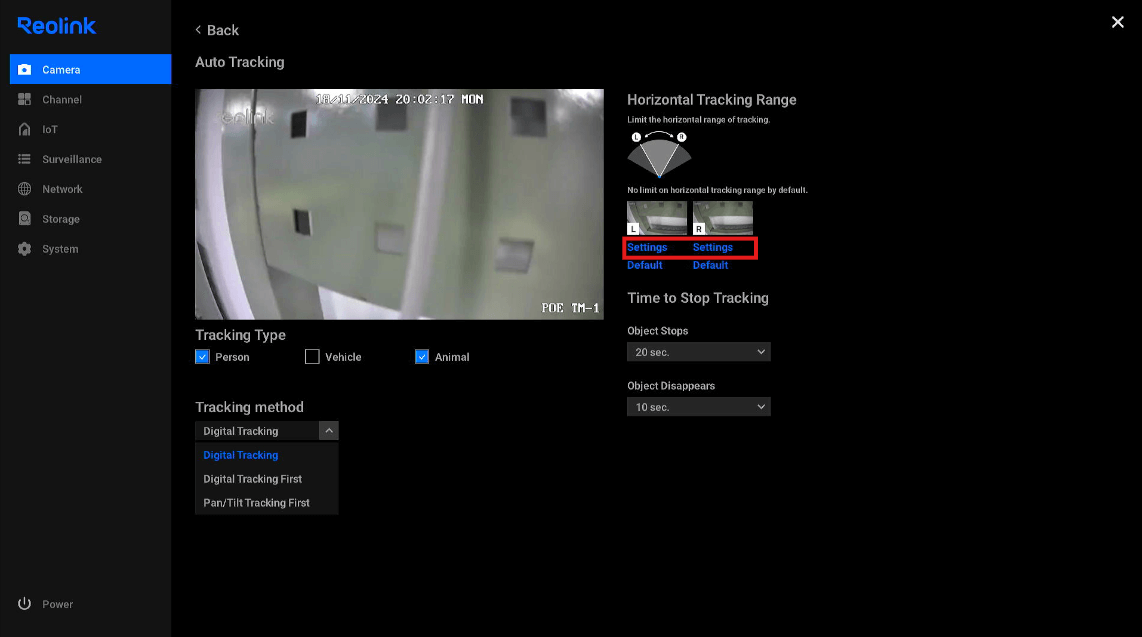 auto tracking right and left settings