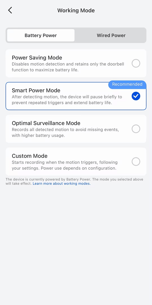 select one mode under battery power mode