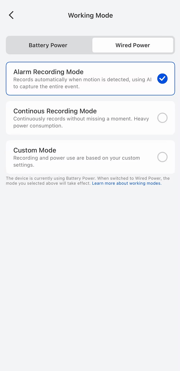 select one mode under wired power mode