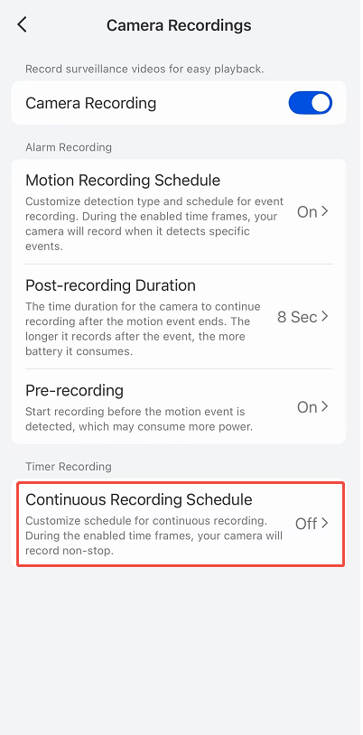 Continuous Recording Schedule