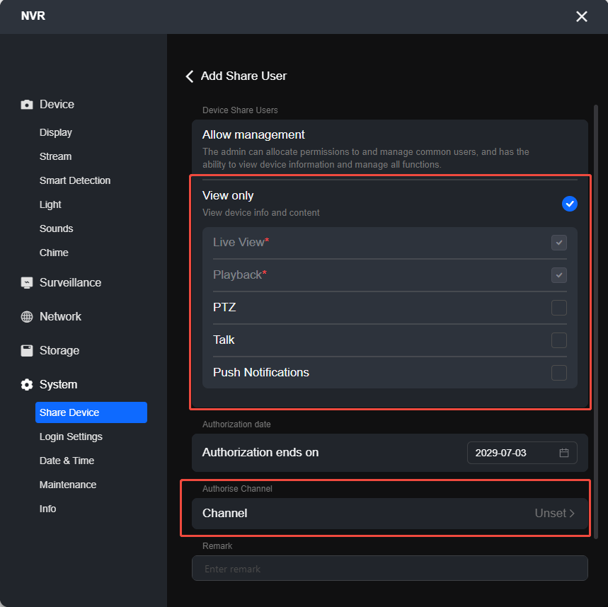 NVR configure Add Share User