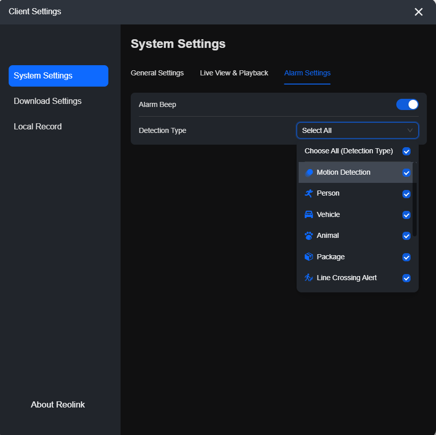 Alarm Settings tabs