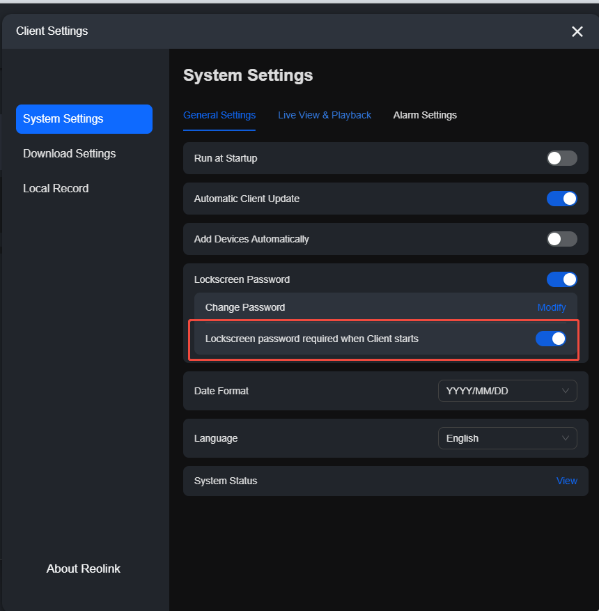 Lockscreen password required when Client starts