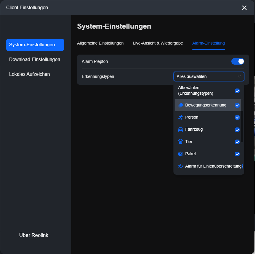Registerkarten Alarmeinstellungen