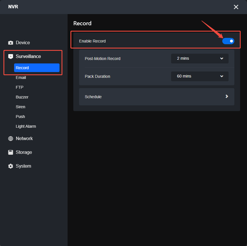 enable the NVR Record 