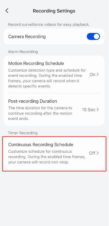 Continuous Recording Schedule