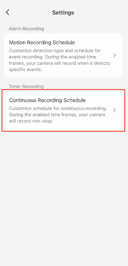 Tap Continuous Recording Schedule