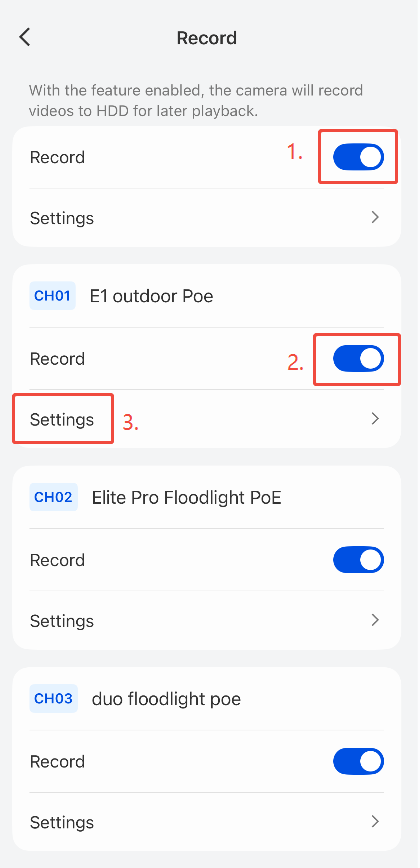 enable record nvr and camera app