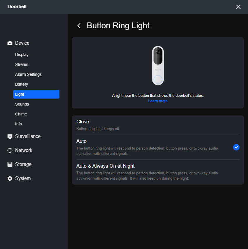 client Button ring light settings