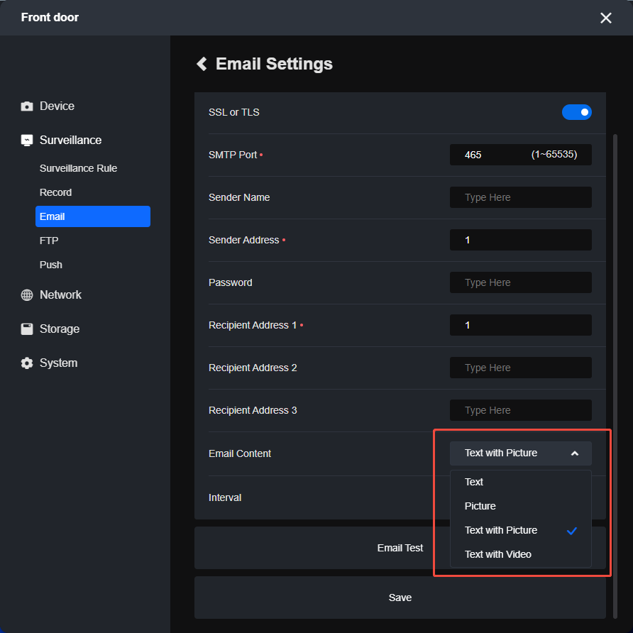 Email Content option