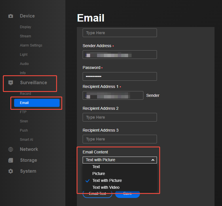 Email Content option