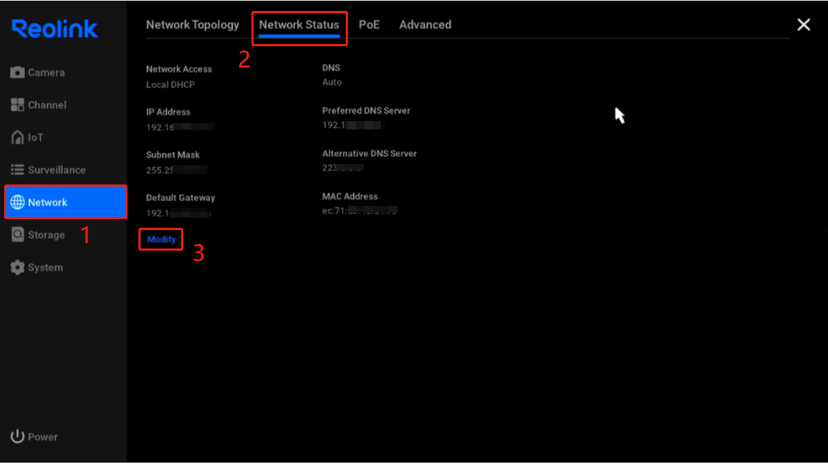 Network status modify